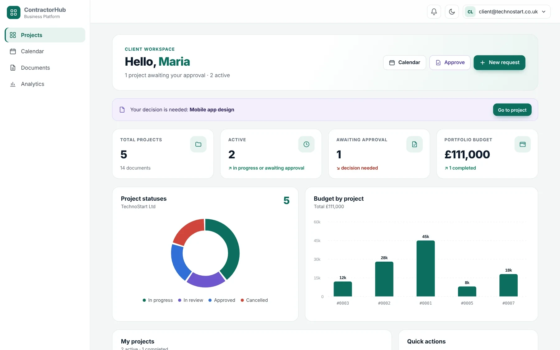 ContractorHub client workspace with project statuses and approvals