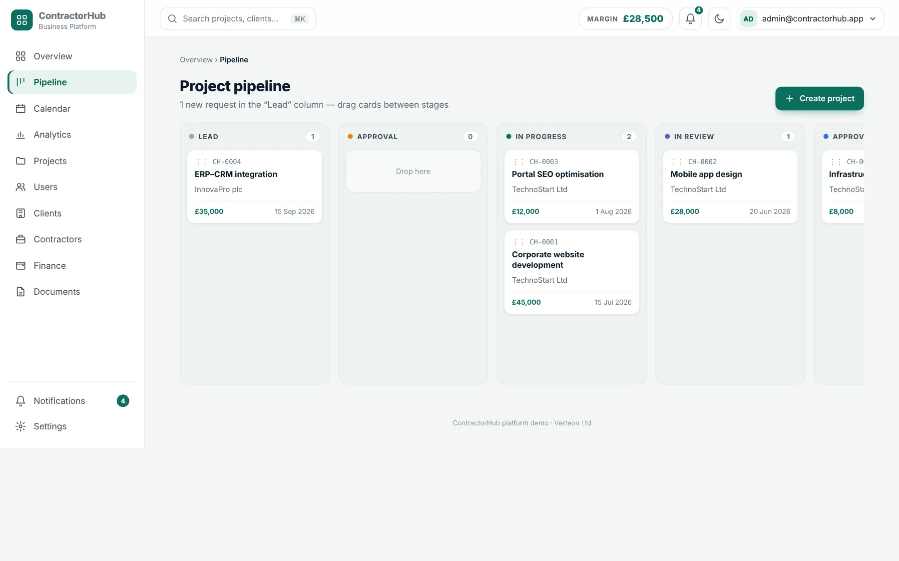 ContractorHub pipeline board with projects grouped by stage