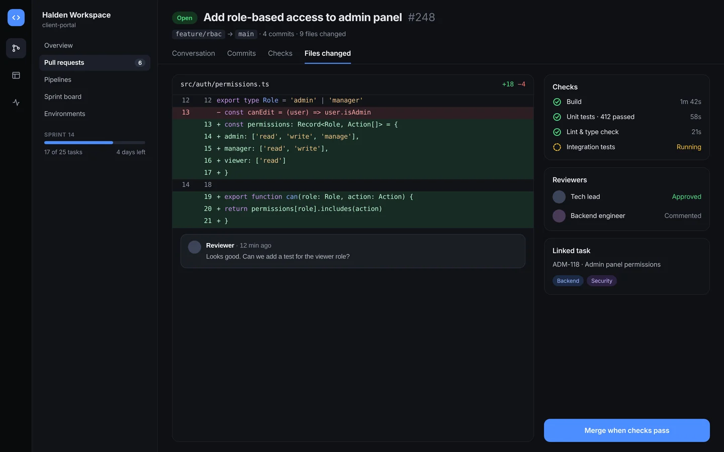 Halden Workspace concept: pull request with code diff, automated checks and reviewers