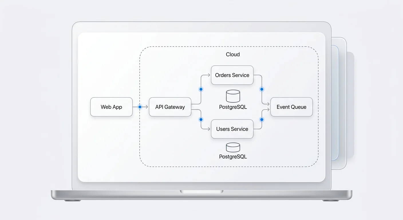 System architecture diagram: web app, API gateway, orders and users services with their databases, and an event queue