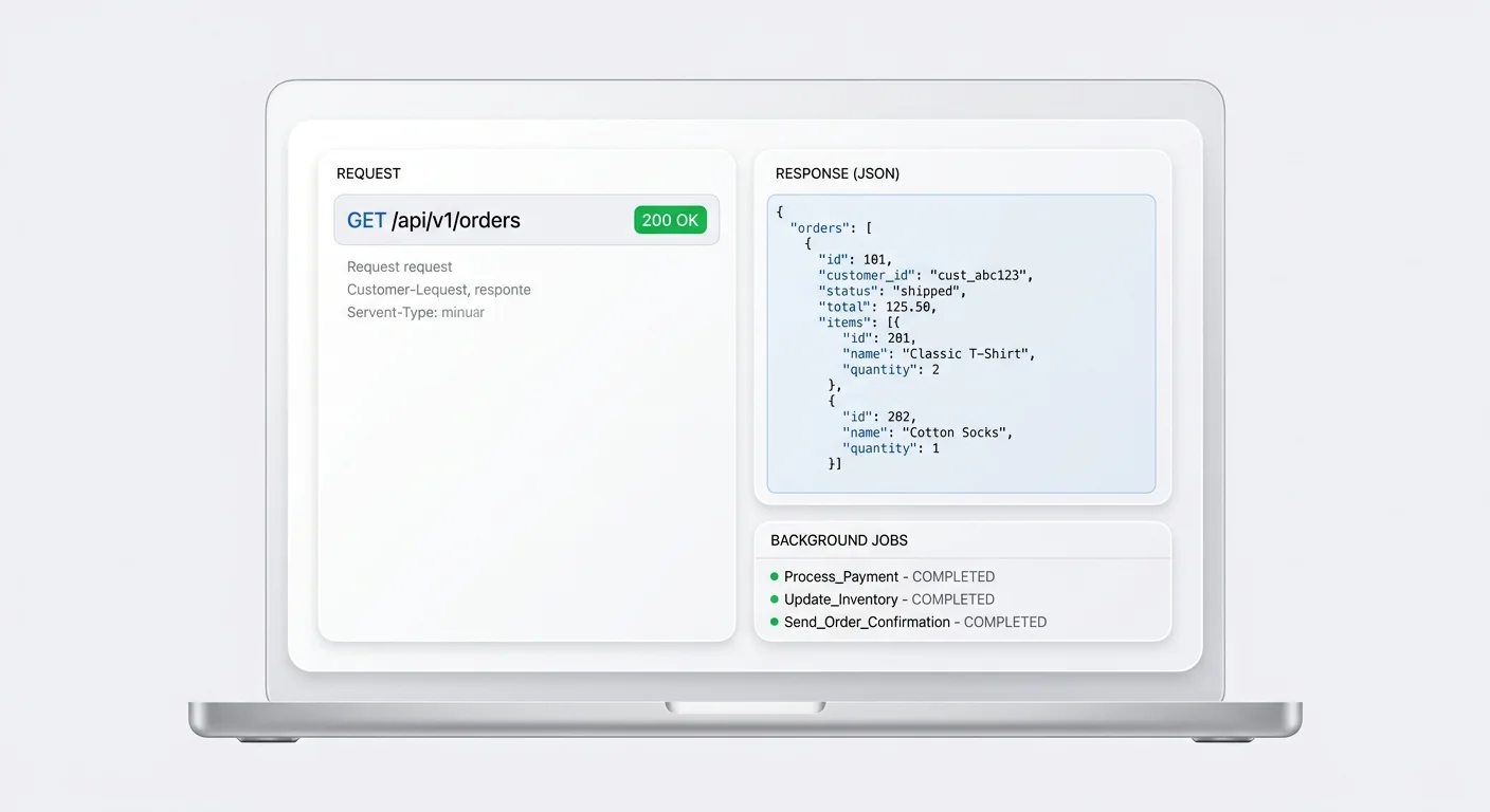 API console on a laptop: an orders request returning 200 OK with a JSON response and completed background jobs