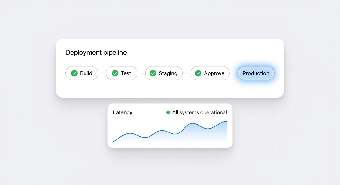 Deployment pipeline from build, test, staging and approval to production, with a latency chart and all systems operational