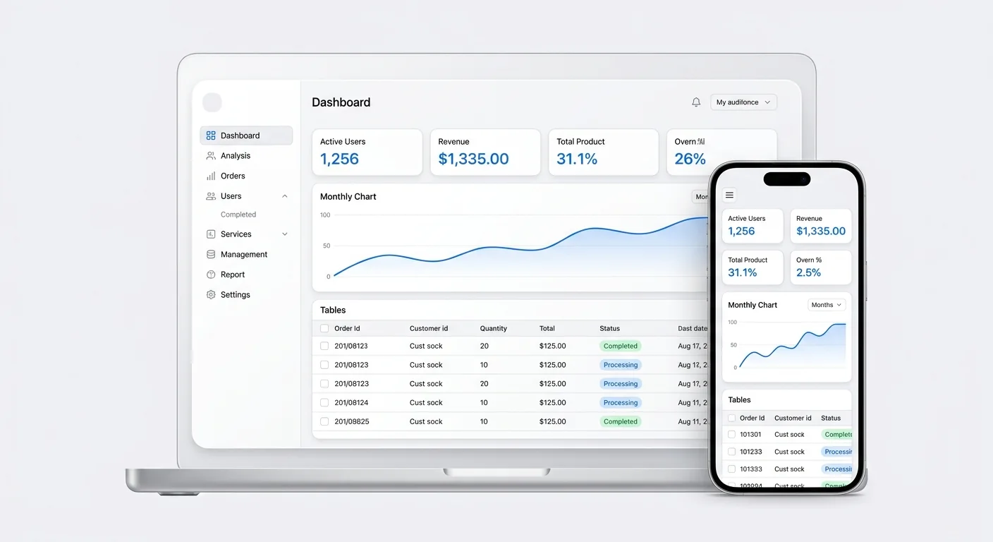 Business dashboard on a laptop and the same dashboard on a phone: KPI cards, monthly chart and orders table