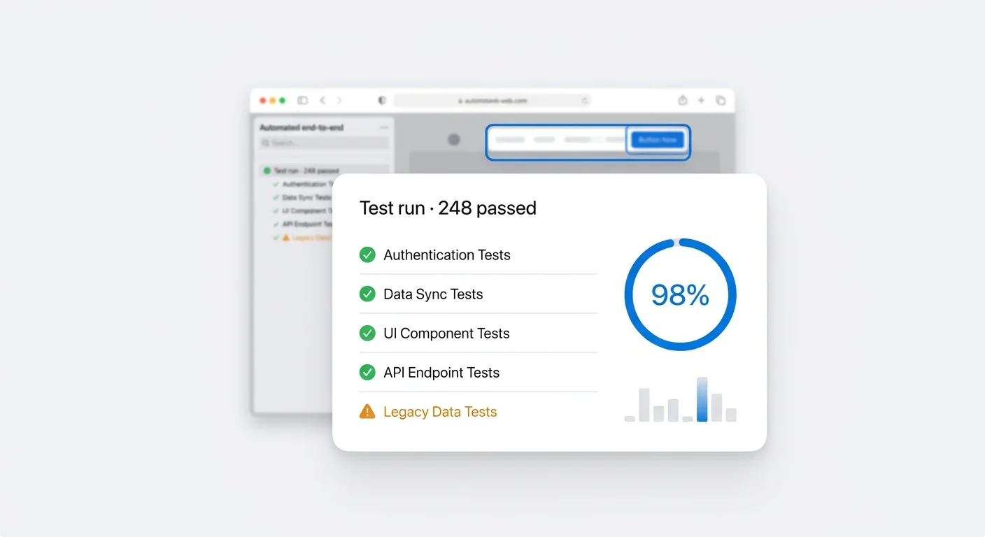 Test run report: 248 tests passed, 98% coverage, one suite flagged, with an end-to-end test running behind